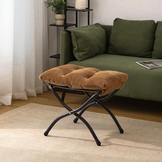 15"(H) Folding Ottoman, Set of 2, Foldable Footrest Stool, Small Foot Stool for Couch, Collapsible Foot Rest Ottoman for Sofa, Accent Padded Ottomans for Living Room, Bedroom, Brown MordchilHF