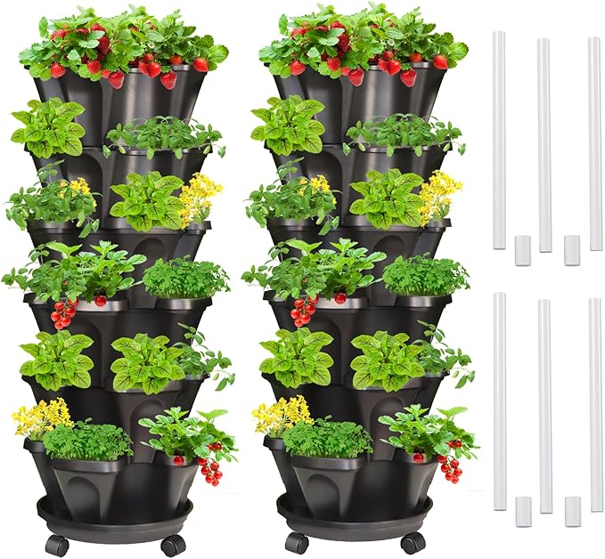 Strawberry Vertical Planter 2 Pack, 6 Tiered Stacking Garden Tower, Stackable Herb Vegetable Planters with Support Pole Indoor Outdoor Black Tectsia