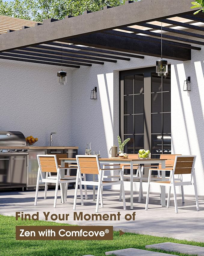 Outdoor Patio Dining Set, Aluminum & HDPS 5 Piece Outdoor Table and Chairs Set with Umbrella Hole, Modren Rectangular Patio Furniture Set with All-Weather Table and 4 Chairs (White & Teak) ComfCove