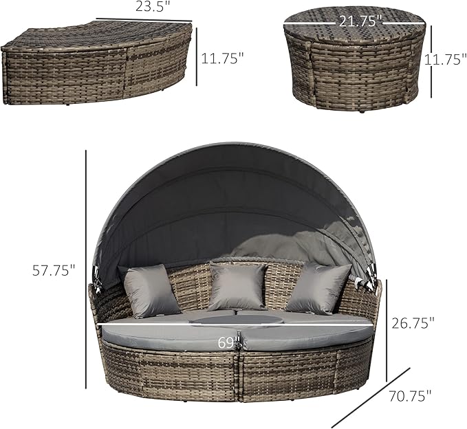 Outsunny 4-Piece Round Convertible Daybed with Cushions, Outdoor PE Rattan Patio Wicker Sofa Set, Sunbed with Adjustable Sun Canopy, Sectional Sofa, 2 Chairs, Table, 3 Pillows, Gray Outsunny