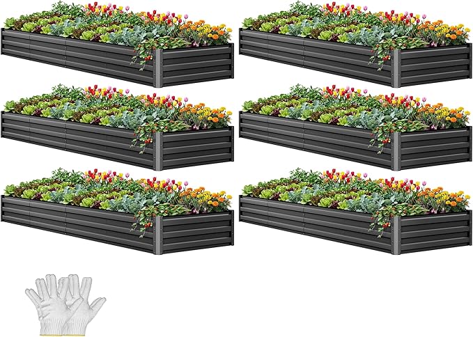YITAHOME 6pcs 12x4x1 ft Galvanized Raised Garden Bed Kit, Large Metal Planter Box with Gloves, Safety Rubber & Support Rod, Outdoor Flower Bed for Plants Vegetables, Black YITAHOME
