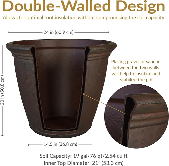 Sunnydaze 24-Inch Anjelica Large Plastic Pot for Plants - Outdoor Double-Walled Large Plastic Planter with Drillable Drainage Holes - Rust - 2pk SunnydazeDecor