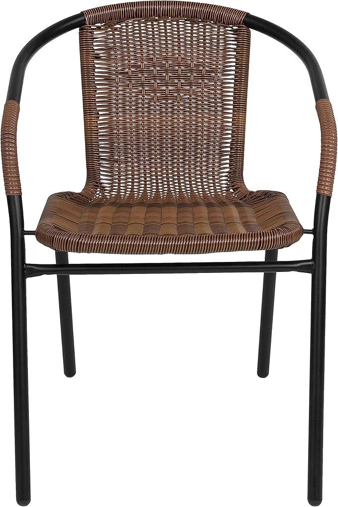 EMMA + OLIVER Set of 2 Modern Rattan Indoor/Outdoor Stack Chairs, Stacking Rattan Patio Chairs with Curved Back and Cross Bracing, Brown EMMAOLIVER