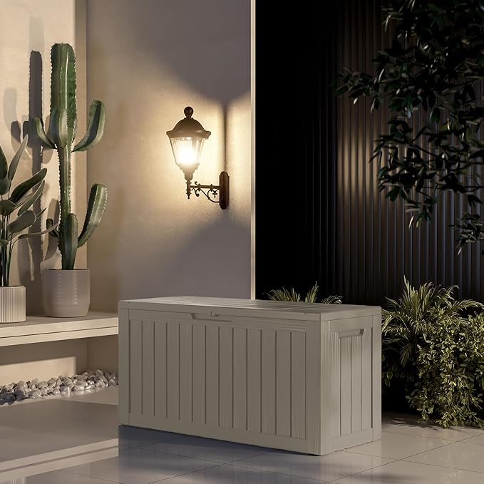 90 Gallon Outdoor Storage Box - Deck Box Container for Patio, Pool, and Garden-Waterproof and UV Resistant Resin,Lockable (Grey) MAIUSCOLI