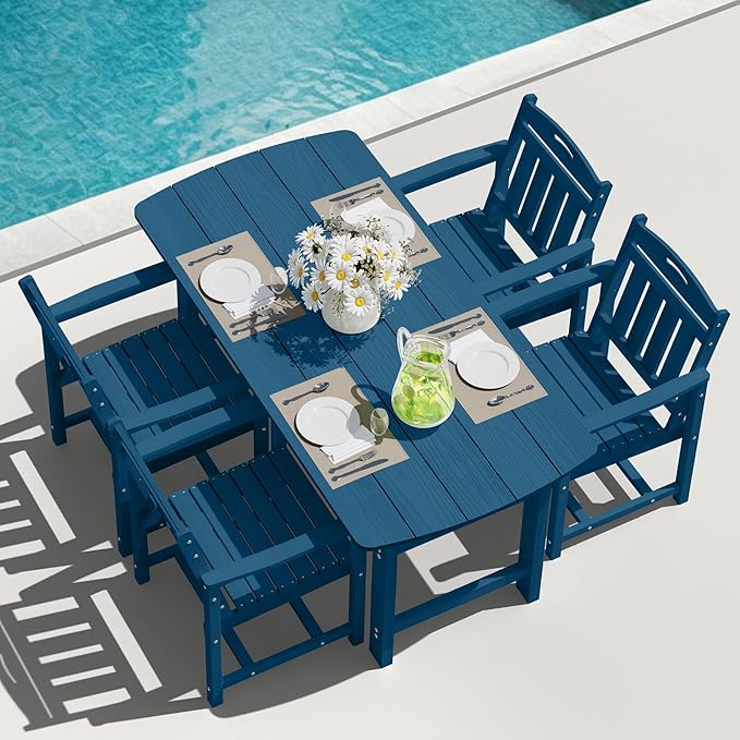 HDPE Outdoor Patio Dining Set with Table & 4 Chairs, All-Weather 5-Piece Outdoor Table and Chairs, 2" Umbrella Hole, Patio Furniture for Garden, Backyard, Deck | Navy Blue Suunyn