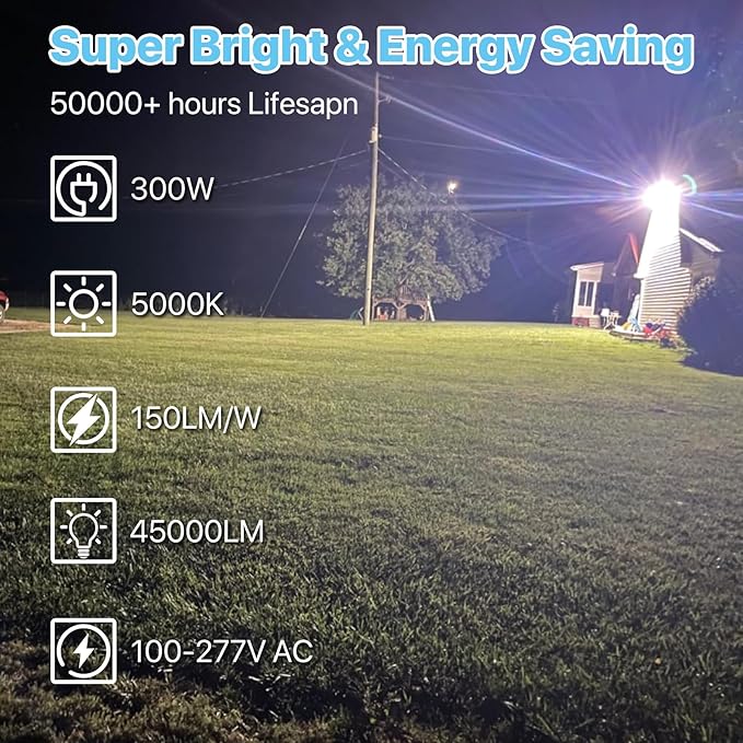 HYPERLITE Led Parking Lot Lights Outdoor 300W - UL Listed Arm & Slip Fitter 2 in 1 Wall Mount LED Flood Light - 45000lm 5000K Parking Lot Lights Commercial for Yard Street Court Driveways Stadium HYPERLITE