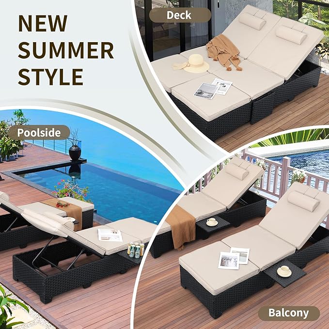 WAROOM Outdoor Chaise Lounge Chairs for Outside Patio Furniture Set of 2 Wicker Recliner Black Rattan Sunbathing Lounger Adjustable Backrest Pool Reclining Chair, Khaki Cushion WAROOM