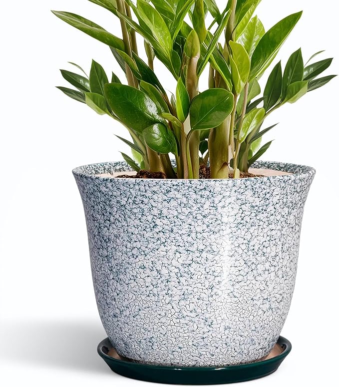 Ceramic Planter - 10 Inch Plant Pot for Indoor Outdoor, Round Planter with Drainage Hole and Plant Tray, Large Decorative Planters, Modern Flower Pot, Home Room Decor, Gardening Gift, Green SUNPOTFOR