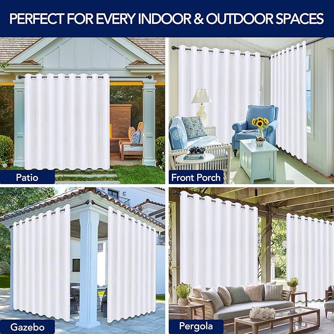 PureFit Outdoor Curtains for Patio Waterproof Weatherproof, UV Resistant Outside Curtains for Gazebo, Front Porch, Pergola, Sun Blocking Privacy Curtain, 120W x 108L inch, 1 Panel, White PureFit