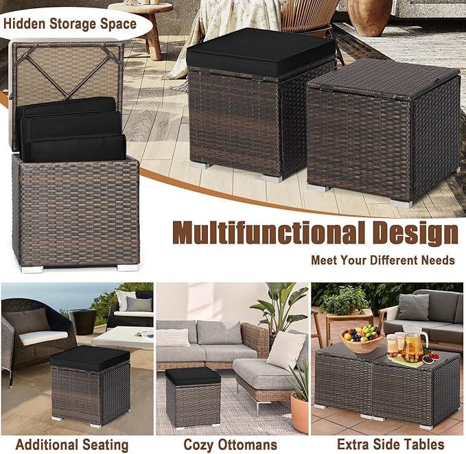 RELAX4LIFE Wicker Outdoor Storage Ottoman, 2-Piece Rattan Footstool w/Removable Cushion, Multipurpose Footrest Stool Side Table Additional Seating, Set of 2 Outdoor Ottomans for Patio Deck (Black) RELAX4LIFE
