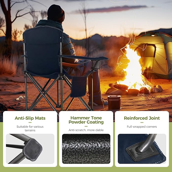 ALPHA CAMP Heavy Duty Camping Chair 500LBS Capacity, Oversized Folding Chair for Heavy People, Padded Portable Outdoor Chair with Cooler Bag & Cup Holder for Camping, Fishing, Beach ALPHACAMP