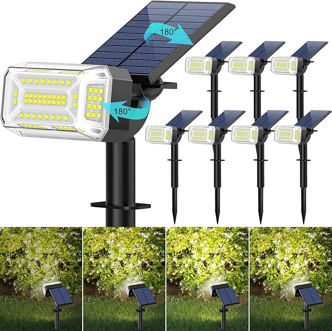 102 LEDs Solar Spot Lights Outdoor, [ 4 Modes/8 Pack] Solar Spotlights Waterproof IP65, Adjustable Light & Panel Landscape Flood Powered Lights for Yard Garden Pathway Wall (Cool White) KIPEINI