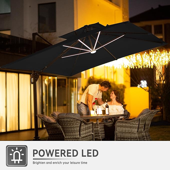 10 X 13 FT Cantilever Outdoor Patio Umbrella with Base Included Large Heavy Duty 360° Rotation Double Top Offset Rectangular Umbrellas with Led Lights for Backyard Outside Deck, Black MEVBC