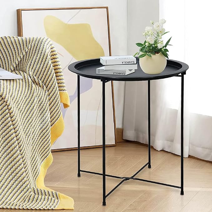 Garden 4 you End Table 2 PCS Metal Side Table Black Round Folding Tray Cyan Sofa Small Accent Fold-able Table, Round End Table Tray, Next to Sofa Table, Snack Table for Living Room and Bed Room Garden4you