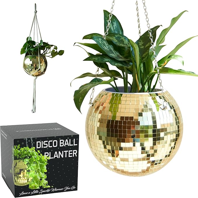 SCANDINORDICA Disco Ball Planter – Value Package: Mirror Disco Planter with Chain, Macrame Hanger and Acrylic Stand for Desk, Includes Self Watering Pot, Plant Accessories | 10 inch Gold SCANDINORDICA