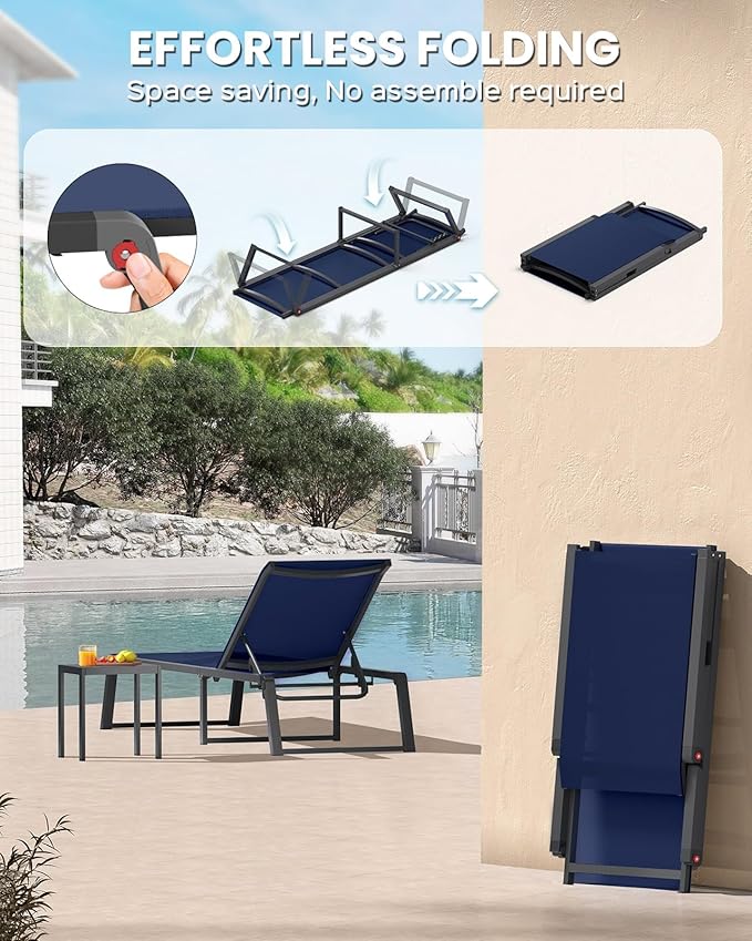Aluminum Chaise Lounge Chair Outdoor, Foldable & Assembly Free Patio Pool Lounge Chairs 5-Position Recliner for Outside Poolside, Fully Grounded Legs Sun Lounger for Beach, Yard, Navy Blue Oasbira
