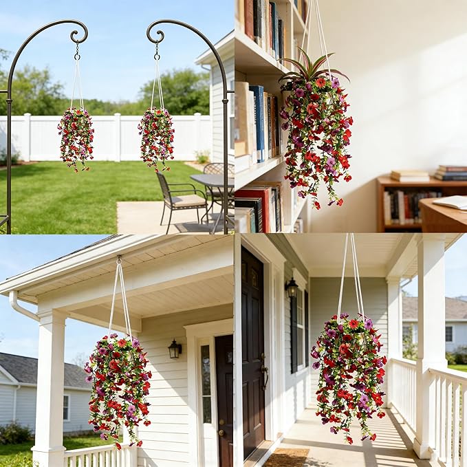 Artificial Flowers for Outdoors Fake Hanging Plants with Pot, 4pcs Silk Colorful Flowers UV Resistant Realistic Hanging Planter Faux Flower for Outside Porch Patio Home Garden Yard Decoration Comtelek