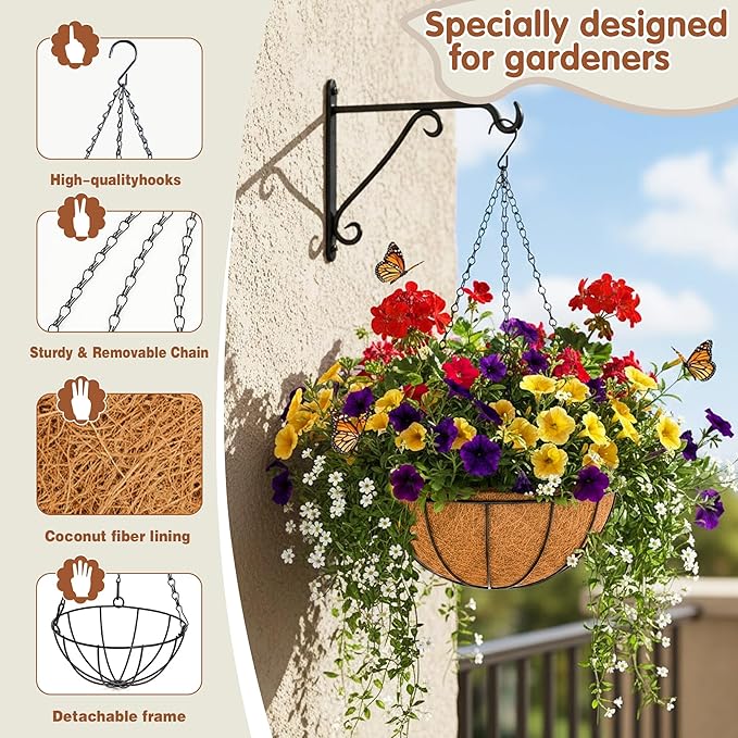 14 inch Metal Hanging Baskets For Plants Outdoor 4 Pack Round Metal Wire Hanging Basket Planter with Coco Fiber Liners Chain Round Wire Plant Holder for Garden, Patio, Deck, Porch Plants Flower Potss JFFLYIT