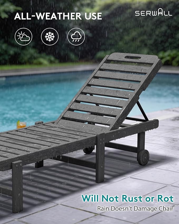 SERWALL Outdoor Chaise Lounge Chair, HDPE Patio Lounge Chair with Cup Holder, 5 Positions Adjustable Poly Lounger with Rolling Wheels for Poolside, Deck, Sunbathing, Grey SERWALL