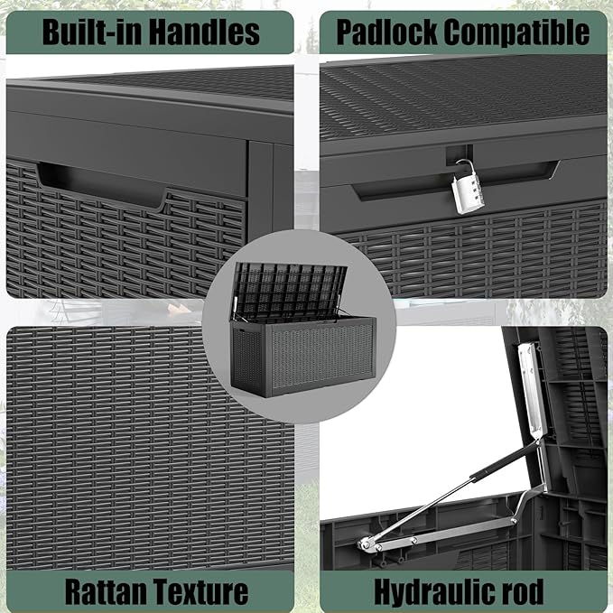 DRATO 100 Gallon Large Deck Box, Outdoor Storage Box for Patio Furniture, Patio Cushions, Gardening Tools, Pool Supplies,660lbs Weight Capacity,Waterproof Resin Storage Boxes（Black，100 Gallon） DRATOprovidesawarmandcozy