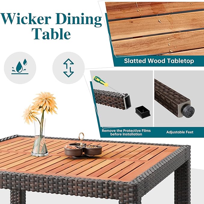 Shintenchi 5 PCS Patio Dining Set, Wicker Outdoor Table and Chairs with Soft Cushions, Patio Furniture Set with Wood Table Top for Backyard, Deck and Garden, Brown Rattan Shintenchi