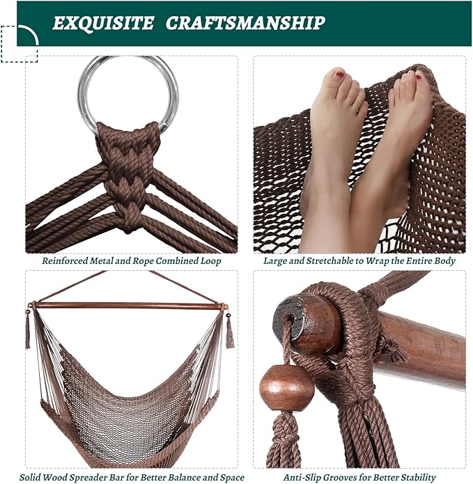 Caribbean Hammock Swing Chair with Spreader Bar, Large Hammock Chair, Hand Craft Rope Hanging Chair Outdoor, Indoor, Bedroom, 330 LBS Weight Capacity, Dark Brown Bathonly
