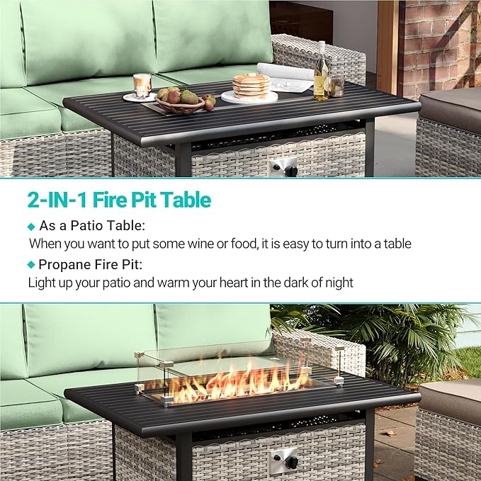 10-Piece Outdoor Patio Furniture Set with Rocking Swivel Chair, PE Wicker Rattan Sectional Sofa Patio Conversation Set with 55,000 BTU Fire Pit Table & Coffee Table, Light Green MuphyersPatioFurniture