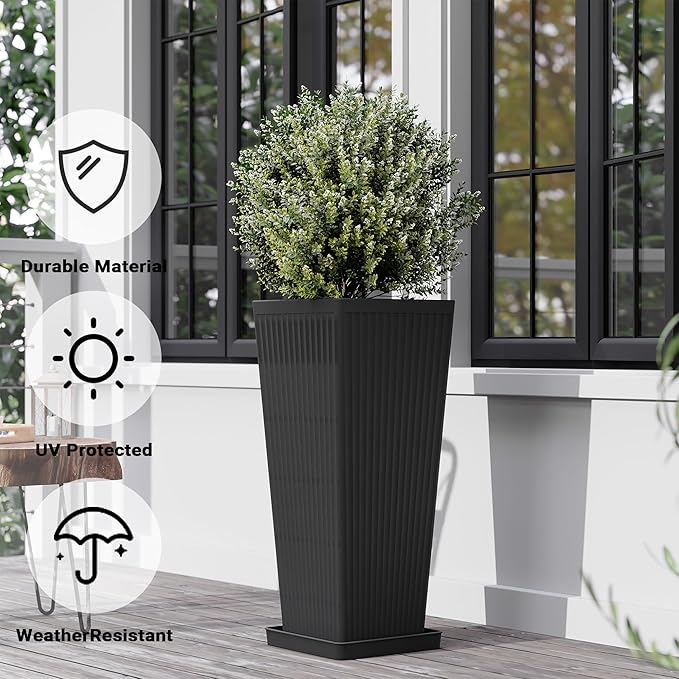 Tall Planters for Outdoor Plants Set of 2, 23.6" Large Taper Flower Plant Pots with Drainage Hole and Drainage Trays, Weather-Resistant Plastic planters for Patio, Porch, Garden, Black Rootora