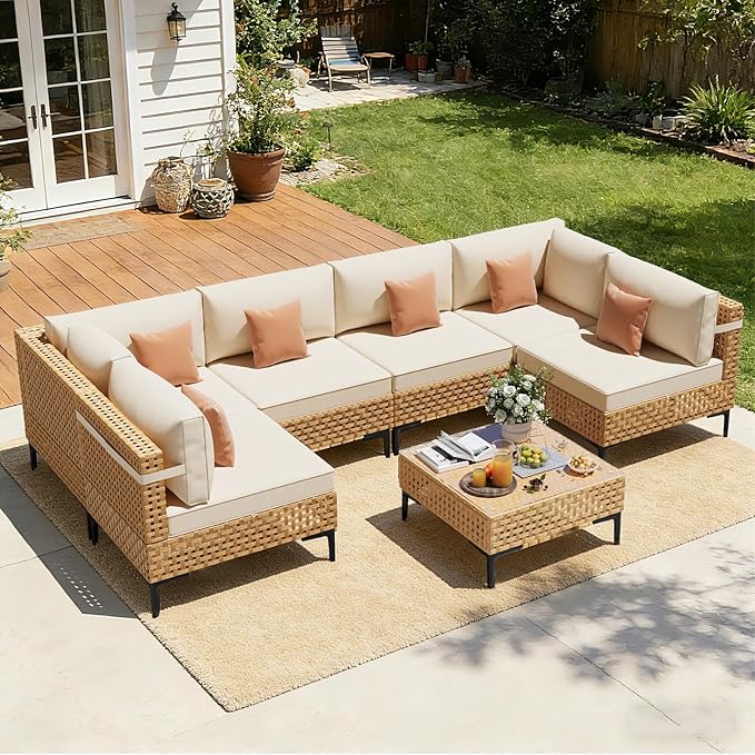 ABCASA Patio Furniture Set, 110" Large 7-Piece Wicker Outdoor Patio Furniture Sets with Anti-Slip Cushions & Coffee Table,Boho Patio Conversation Set Sectional Sofa for Backyard,Porch,Beige ABCASA