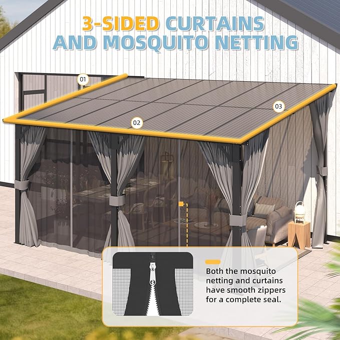 AECOJOY 16' x 8' Gazebo Outdoor Pergola with Curtains and Netting, 8'x16’ Hard Top Lean to Pergolas and Gazebos Clearance with Patio Roof Shelter, Large Wall-Mounted Heavy Duty Metal Awnings for Patio AECOJOY
