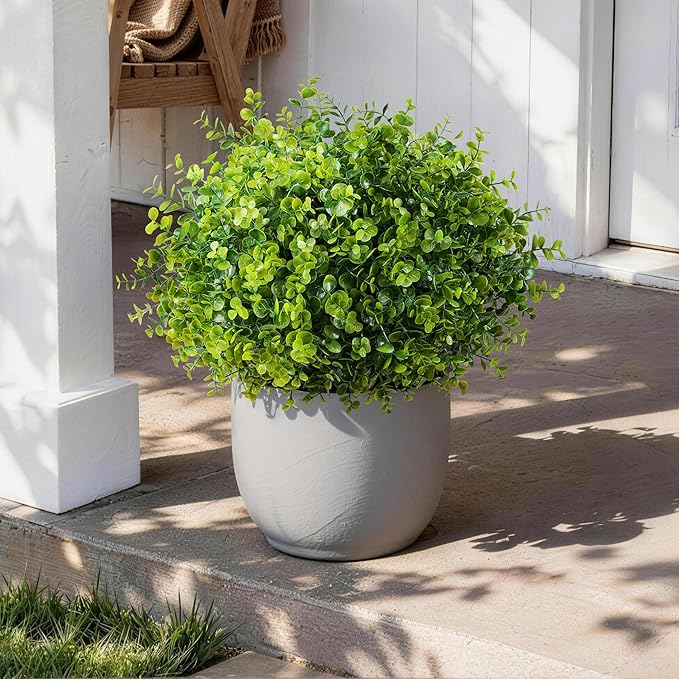 Artificial Faux Outdoor Plants for Spring Summer Decoration, 12 Bundles Fake Plastic Eucalyptus UV Resistant Look Real Fake Plants for Planter Outside Front Door Porch Patio Balcony Garden Indoor Yard Ivydale