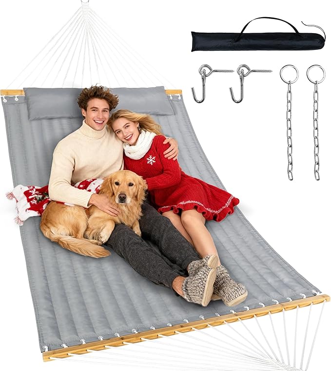 Double Hammock with Spreader Bar & Pillow, Portable 500lbs Capacity for Outdoor, Camping, Patio, Backyard Relaxation,Gray Rootora