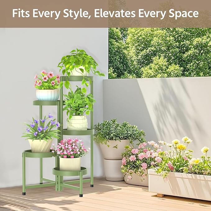 LASZOLA 5 Tiered Folding Plant Stand Indoor for Multiple Large Planter, Tall Heavy Duty Adjustable Rack with Rust Proof Plastic Shelving, Sturdy Vertical Tree Organizer for Narrow Inside Floor, Green LASZOLA