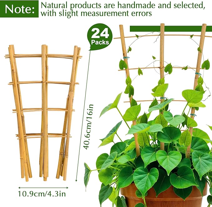 Bamboo Trellis, 24pack 16 Inch Small Plant Wood Bamboo Trellis for Climbing Plants Indoor Potted Plants Sawowkuya