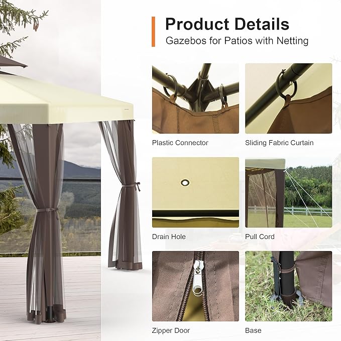 Patio Gazebo Tent Outdoor Canopy Shelter 10'x10' with Removable Netting,100 Square Feet of Shade for Garden, Backyard Deck and Lawns (Beige) GOJOOASIS