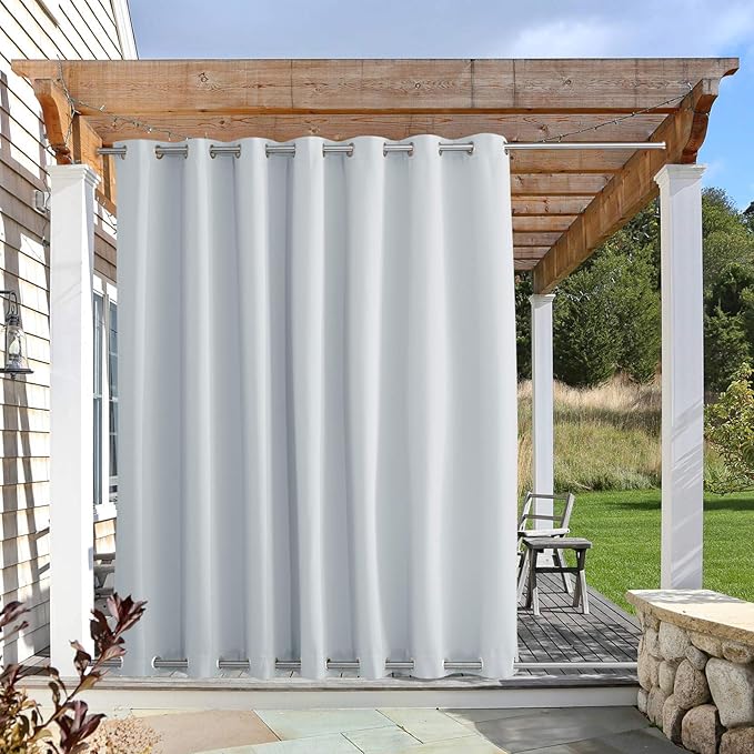 NICETOWN Patio Curtain Outdoor Waterproof W100 x L108, Rustproof Top & Bottom Grommet Room Darkening Windproof Outdoor Living Divider Privacy Thermal Insulated Blinds for Pool, Greyish White, 1 Piece NICETOWN
