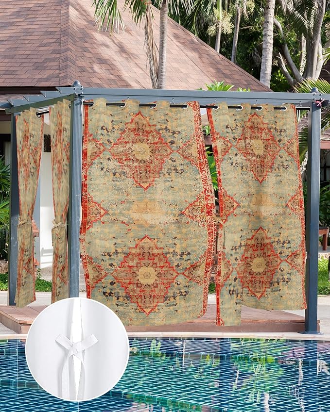 Boho Outdoor Curtains for Patio Waterproof, Grommet Privacy Curtain Drapes Weatherproof Outside Curtains for Porch GazeboPergola Cabana 2 Panel 54x84inch Rustic Bohemian Floral Tribal Orange Rootora