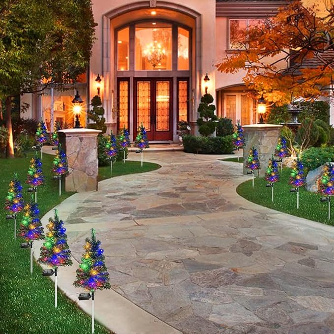 Solar Christmas Tree Garden Stake Lights Waterproof Christmas Decorations Tree Lights Outdoor Xmas Tree Light Christmas décor Pathway Lights Patio Yard (Color, 2pcs FANFX