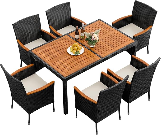 Flamaker 7 Piece Patio Dining Set Outdoor Acacia Wood Table and Chairs with Soft Cushions Wicker Patio Furniture for Deck, Backyard, Garden Flamaker