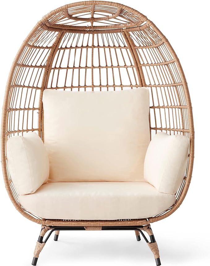 Best Choice Products Wicker Egg Chair, Oversized Indoor Outdoor Lounger for Patio, Backyard, Living Room w/ 4 Cushions, Steel Frame, 440lb Capacity - Ivory BestChoiceProducts