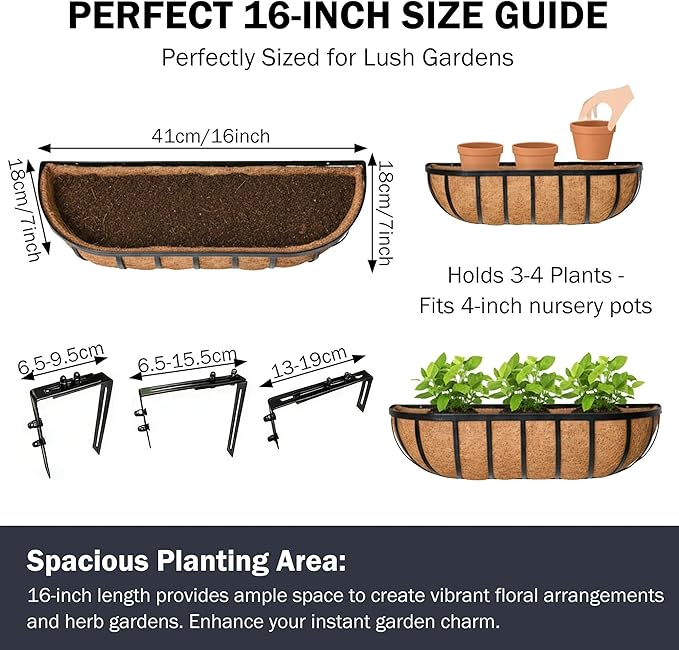 16“ Window Box Railing Planter with Coco Liner Metal Wall-Mounted Coconut Liner Planter Basket English Horse Trough Planters for Outdoor Deck Balcony Porch Fence Patio Black (2 Pack) KIDYBELL