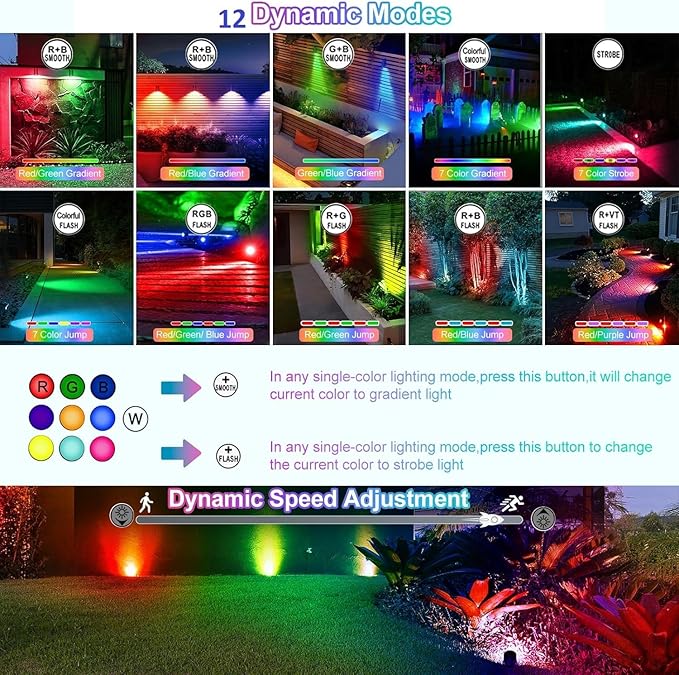 CLY Solar 6 in 1 RGB Spotlights Outdoor Garden, 10 Colors 12 Modes Solar Garden Floodlight Landscape Spotlights IP66 Waterproof 59.06ft Cable Spike Light for Lawn, Patio, Balcony CLY