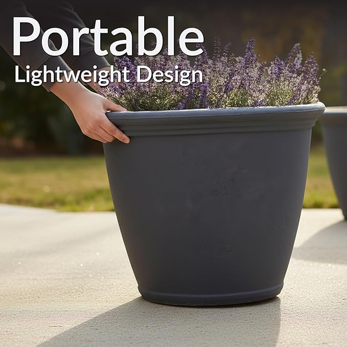 Sunnydaze 24-Inch Anjelica Large Plastic Pot for Plants - Outdoor Double-Walled Large Plastic Planter with Drillable Drainage Holes - Slate - 2pk SunnydazeDecor