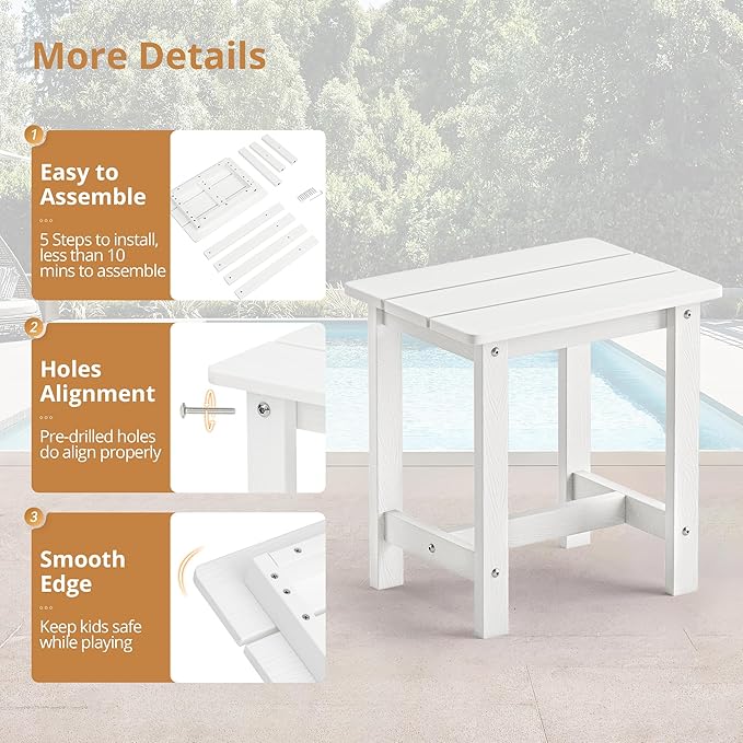 LUE BONA Outdoor Side Table Set of 2, HDPS Small Outdoor Table, Adirondack Side Table, Outside End Table for Patio, Porch, Deck, Pool, Weather Resistant/Easy Maintenance/Indoor or Outside Use, White LUEBONA