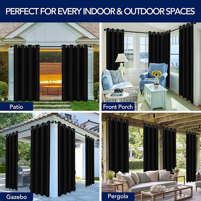PureFit Outdoor Curtains for Patio Waterproof Weatherproof, UV Resistant Outside Curtains for Gazebo, Front Porch, Pergola, Sun Blocking Privacy Curtain, 52W x 95L inch, 1 Panel, Black PureFit