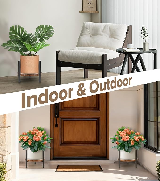 Plant Stand Indoor Adjustable with Walnut Wood Tray, Metal Modern Indoor Plant Stand, Heavy Duty Plant Stands Outdoor Corner, Stable Plant Holder, Fits 8 to 12 Inches Pots, Black, 1 Pack SculptingLightGarden