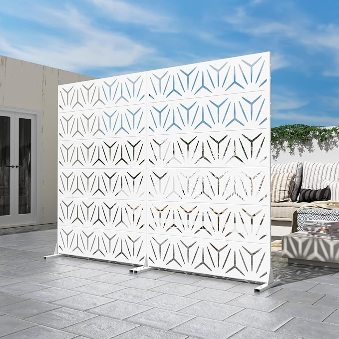 Casaphoria Metal Privacy Screen Outdoor, 72" H x 47" W Freestanding Decorative Privacy Screen for Patio Deck Balcony Garden with Stable Base, White-Star Casaphoria