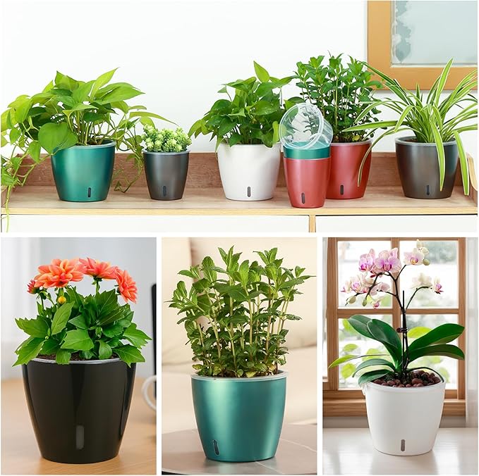 Self-Watering Pots for Indoor Plants, 8-Pack Self Watering Planter with Drainage Holes, Small African Violet Pots with Water Indicator, 5 Packs 5''/3 Pack 6.7'' Orchid Pot, White KvyusFlourish