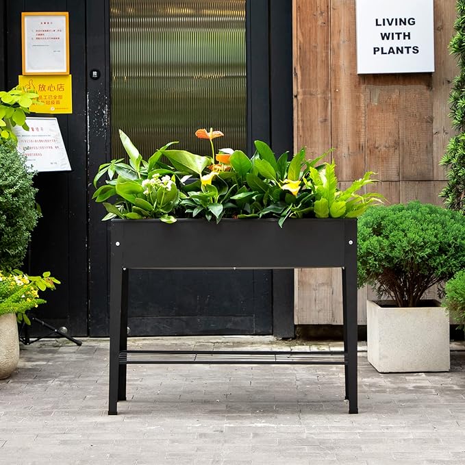 Piksedo Raised Garden Bed, Elevated Planter Metal Plant Box with Legs Standing Garden Stand Drainage Holes Frosted Black VEOAY