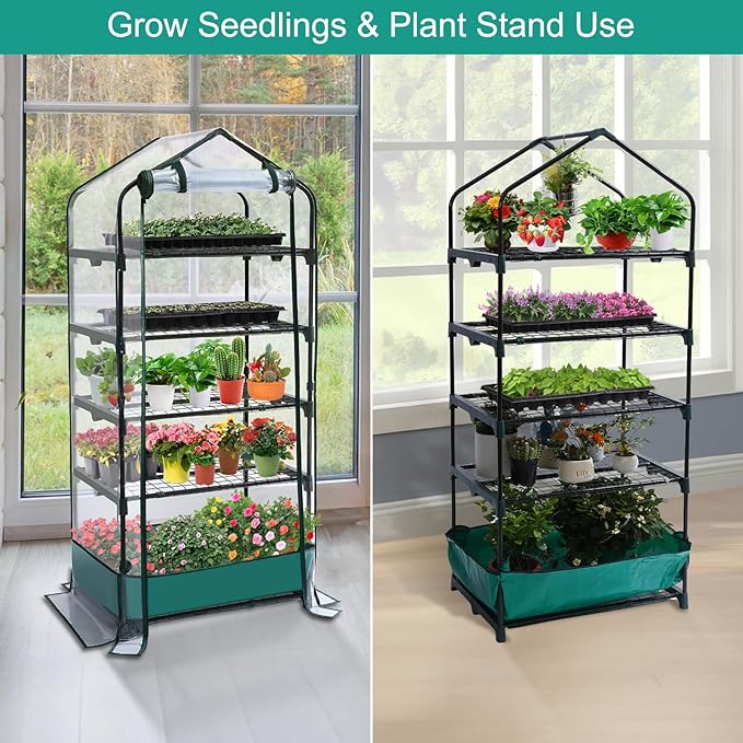 5 Tier Mini Greenhouse for Indoor Outdoor, Portable Green House with Durable PVC Cover and Shelves for Seedling, Heavy Duty Greenhouse with Waterproof Mat and Cover Tape, Gardening Gifts for Women Men Rootora